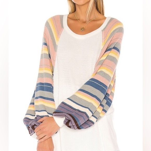 Free People Rainbow Dreams Pullover Knit balloon sleeve Top white size small - Picture 1 of 7